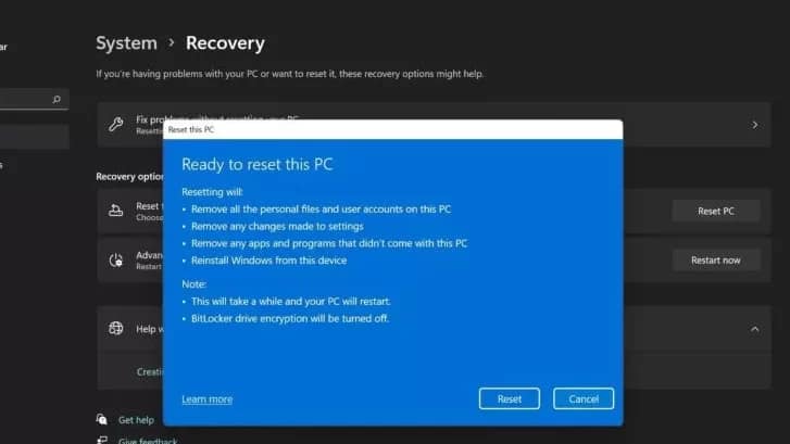 final step for factory reset your Windows 11