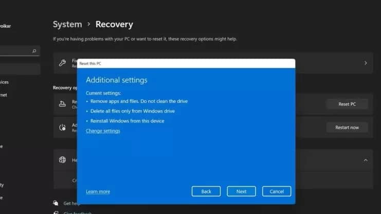 factory reset your Windows 11 additional settings